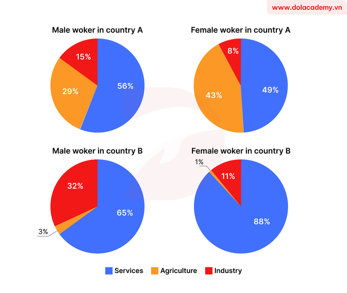 Real IELTS Writing Task 1 - Pie chart - Topic Male & Female Workers & sample band 8.5+